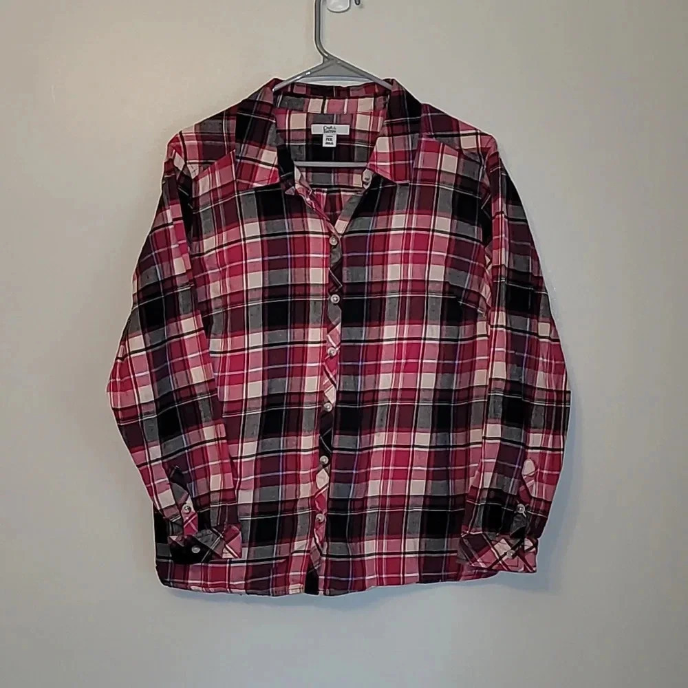 Croft & Barrow plaid button down long sleeve pink purple white black LOT-E